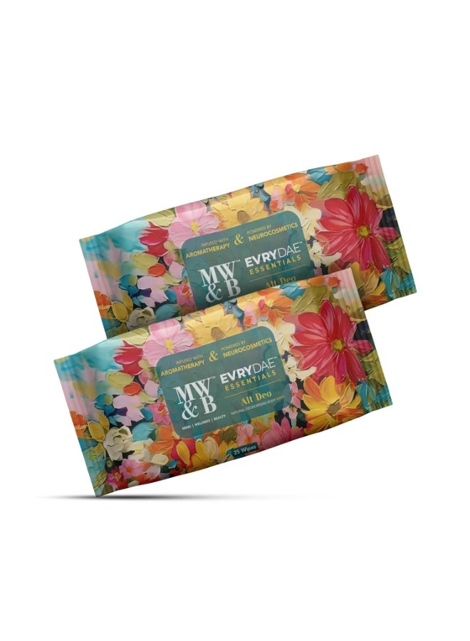 إم دبليو آند بي مناديل الجسم MW&B EVRYDAE Essentials Alt Deo Flora، عبوة من 25 قطعة (عبوتان)، مناديل للوجه، عطر يدوم طويلاً، منعش، ملطف، مناديل للوجه للنساء والرجال - Image 1